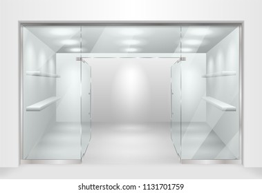 Template for Glass showcase or boutique. store front facade with window showcase. Design of exhibition stand or empty shop exterior. Vector illustration