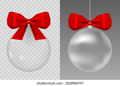 Template of glass transparent ball empty. Christmas toy. Glass globe with red silk ribbon. Stocking element xmas decorations.