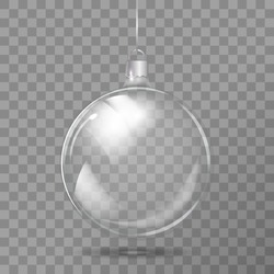 Șablon De Sticlă Transparentă Minge De Crăciun. Elementul De Stocare Decorațiuni De Crăciun. Obiect Vectorial Transparent Pentru Design, Machetă. Jucărie Strălucitoare Cu Strălucire De Argint. Obiect Izolat. Ilustrare Vectorială.