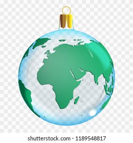 Template of glass transparent Christmas ball. Stocking element christmas decorations. Transparent vector object for design, mock-up. Shiny toy with 3d world map. Isolated object. Vector illustration.