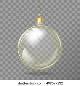 Template of glass transparent Christmas ball. Stocking element christmas decorations. Transparent vector object for design, mock-up. Shiny toy with golden glow. Isolated object. Vector illustration. 