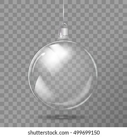 Template of glass transparent Christmas ball. Stocking element christmas decorations. Transparent vector object for design, mock-up. Shiny toy with silver glow. Isolated object. Vector illustration. 