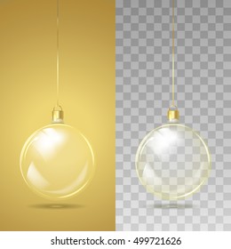 Template of glass transparent Christmas ball. Stocking element christmas decorations. Transparent vector object for design, mock-up. Shiny toy with golden glow. Isolated object. Vector illustration. 