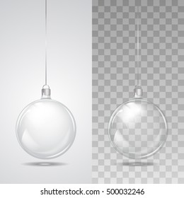 Template of glass transparent Christmas ball. Stocking element christmas decorations. Transparent vector object for design, mock-up. Shiny toy with silver glow. Isolated object. Vector illustration. 