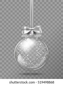 Template of glass transparent Christmas ball with snow . Stocking element christmas decorations. Transparent vector object for design, mock-up. Shiny toy with silver glow. Isolated object. Vector 