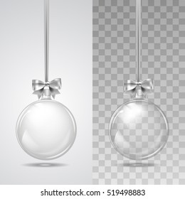 Template of glass transparent Christmas ball. Stocking element christmas decorations. Transparent vector object for design, mock-up. Shiny toy with silver glow. Isolated object. Vector illustration. 