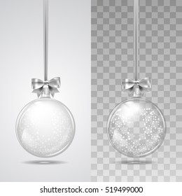 Template of glass transparent Christmas ball with snow . Stocking element christmas decorations. Transparent vector object for design, mock-up. Shiny toy with silver glow. Isolated object. Vector 