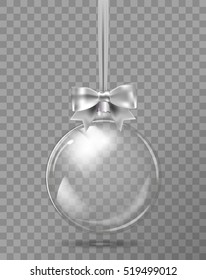 Template of glass transparent Christmas ball. Stocking element christmas decorations. Transparent vector object for design, mock-up. Shiny toy with silver glow. Isolated object. Vector illustration. 