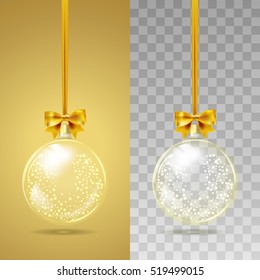 Template of glass transparent Christmas ball with snow inside . Stocking element christmas decorations. Transparent vector object for design, mock-up. Shiny toy with gold glow. Isolated object. Vector