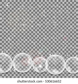Template of glass transparent Christmas ball with snow . Stocking element christmas decorations. Transparent vector object for design, mock-up. Shiny toy with silver glow. Isolated object. Vector