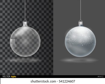 Template of glass transparent Christmas ball. Stocking element christmas decorations. Transparent vector object for design, mock-up. Shiny toy with silver glow. Isolated object. Vector illustration.