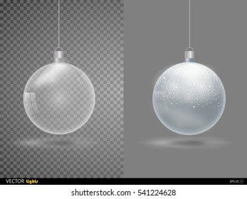 Template of glass transparent Christmas ball. Stocking element christmas decorations. Transparent vector object for design, mock-up. Shiny toy with silver glow. Isolated object. Vector illustration.