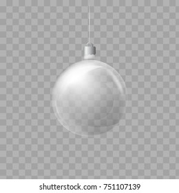 Template of glass transparent Christmas ball. Stocking element christmas decorations. Transparent vector object for design, mock-up. Shiny toy with silver glow. Isolated object. Vector illustration