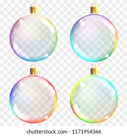Template of glass transparent Christmas balls. Stocking element christmas decorations. Transparent vector objects for design, mock-up. Shiny toys with colored glow. Vector illustration.