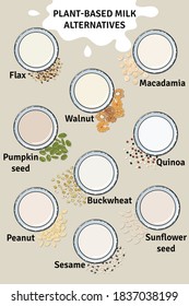 Template of glasses with plant-based milk. Vegan milk in glass. Top view. Macadamia, flax, walnut, pumpkin and sunflower seeds, sesame milk. Milk alternatives. Hand drawn vector illustration. 