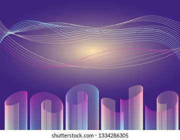 Template of glowing neon spiral lines on a gradient blue and yellow background