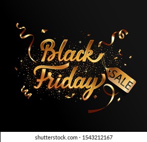 Template in gold for black friday sale weekend with golden confeti, serpentine and 50 percent discount.Perfect template for banners,flyers,cards,web,posters,ad,promotions,marketing.Vector illustration