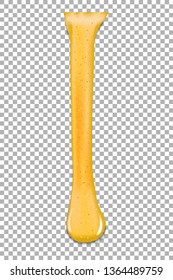 Plantilla con gota de oro aislada en fondo transparente para el diseño publicitario. Sacudida dorada, forma líquida. Objeto o elemento amarillo líquido. Ilustración vectorial.