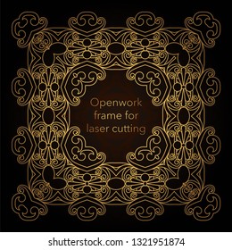 Template gold frame in the vector for laser cutting. Unique decorative ornaments for greeting cards, wedding invitations, save the date with space for your text. Vintage frame, antique cover.