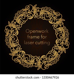 Template gold frame in the vector for laser cutting. Unique decorative ornaments for greeting cards, wedding invitations, save the date with space for your text. Vintage frame, antique cover.