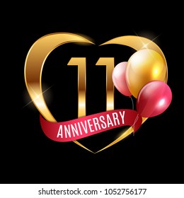 Template Gold Logo 11 Years Anniversary with Ribbon and Balloons Vector Illustration EPS10