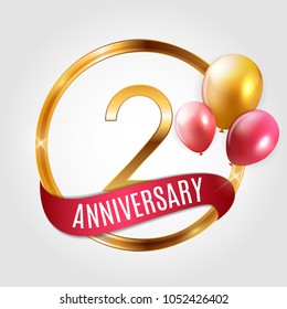 Template Gold Logo 2 Years Anniversary with Ribbon and Balloons Vector Illustration EPS10