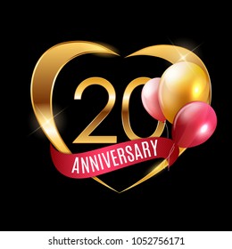Template Gold Logo 20 Years Anniversary with Ribbon and Balloons Vector Illustration EPS10