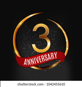 Template Gold Logo 3 Years Anniversary with Red Ribbon Vector Illustration EPS10