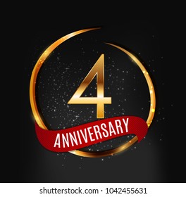 Template Gold Logo 4 Years Anniversary with Red Ribbon Vector Illustration EPS10