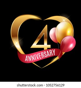 Template Gold Logo 4 Years Anniversary with Ribbon and Balloons Vector Illustration EPS10