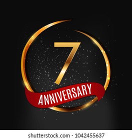 Template Gold Logo 7 Years Anniversary with Red Ribbon Vector Illustration EPS10