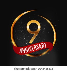 Template Gold Logo 9 Years Anniversary with Red Ribbon Vector Illustration EPS10