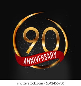 Template Gold Logo 90 Years Anniversary with Red Ribbon Vector Illustration EPS10