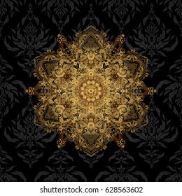 Template Gold mandala vector circle of zentangle hand drawn on black background.