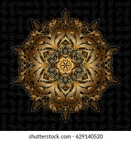 Template Gold mandala vector circle of zentangle hand drawn on black background.