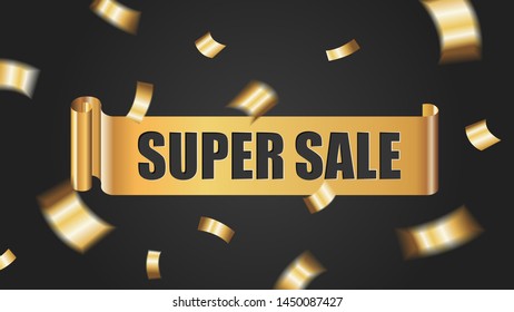 Template with gold ribbon and golden confetti for super sale banner or poster card