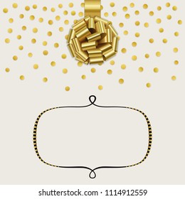 Template with gold rose bow from ribbon and gold confetti. Vector event illustration with glamour design.