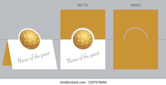 Template - Gold table card to place your guests - decorated with a gold ball with hearts motifs.