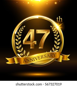 Template golden 47th logo anniversary with ring and laurel branches on dark background