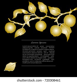 Template with golden apple branches. Text copy frame template. It can be used for flyers, cover, invitation, birthday, greetings, Thanksgiving, Shana Tova card.Vector illustration.