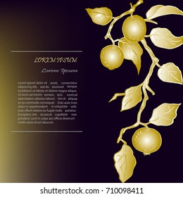 Template with golden apples on black background. Text copy frame template. It can be used for flyers, cover, invitation, birthday, greetings, Thanksgiving, Shana Tova card.Vector illustration.