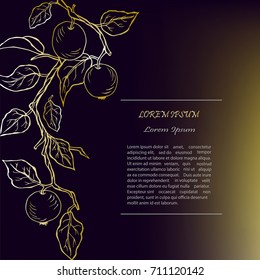 Template with golden apples on black background. Text copy frame template. It can be used for flyers, cover, invitation, birthday, greetings, Thanksgiving, Shana Tova card. Vector illustration.