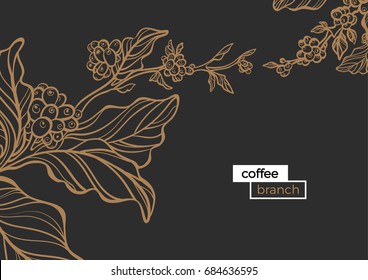 Template of golden branch of coffee tree with leaves and natural coffee beans. Organic product. Silhouette, art line. Botanical illustration. Vector isolated on black background eps.10
