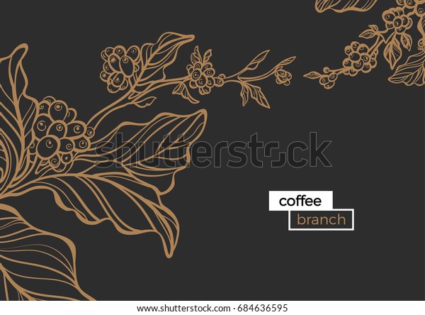 Template of golden branch of coffee tree with\
leaves and natural coffee beans. Organic product. Silhouette, art\
line. Botanical illustration. Vector isolated on black background\
eps.10