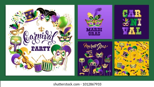 Template with Golden Carnival Masks on Black Background. Glittering Celebration Festive Border. Vector Illustration.