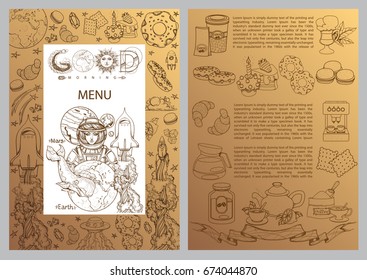 The template is a golden color menu with a zone for text and contour drawings of sweets, bakery, astronaut and spaceship. Menu in the space style.