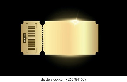Template of golden glittering ticket with barcode. Isolated vector ticket on black background