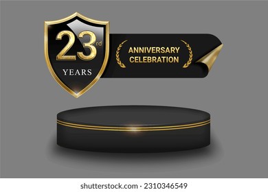 Template golden logo 23nd anniversary with shield and cylinder podium vector on gray background