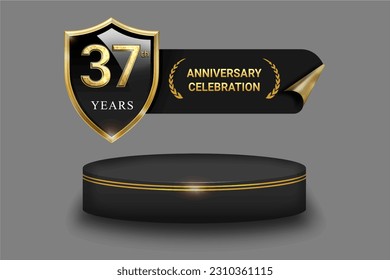 Template golden logo 37th anniversary with shield and cylinder podium vector on gray background