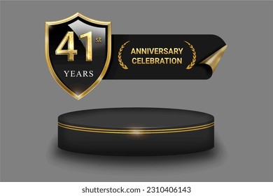 Template golden logo 41st anniversary with shield and cylinder podium vector on gray background